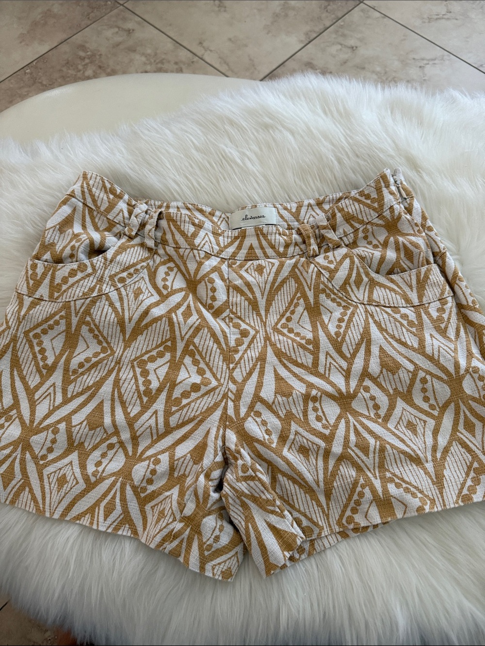 Anthropologie Elevenses Tan and White Geometric Shorts
